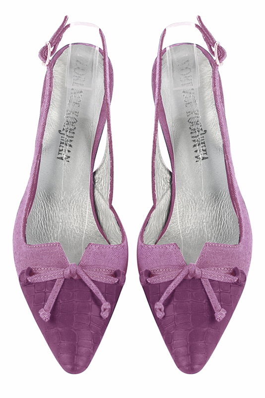 Mauve purple women's open back shoes, with a knot. Tapered toe. High slim heel. Top view - Florence KOOIJMAN